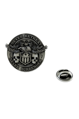 Back of the Never Retreat Never Surrender Pin showing the pin post and the separate butterfly clutch backing.