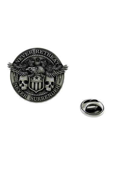Back of the Never Retreat Never Surrender Pin showing the pin post and the separate butterfly clutch backing.