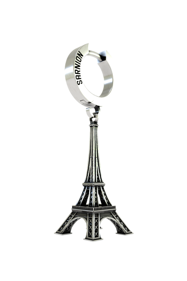 Back of the Parisian Tower Earring's huggie hoop, displaying the 925 sterling silver hallmark and secure hinge mechanism.