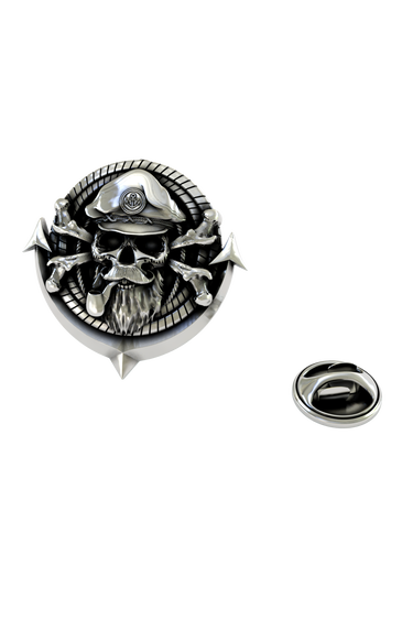 Back of the Sea Captain Skull Pin showing the pin post and the separate butterfly clutch backing.