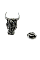 Back of the Shaman's Vision Bull Skull Pin showing the pin post and the separate butterfly clutch backing.

