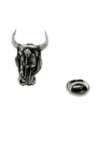 Back of the Shaman's Vision Bull Skull Pin showing the pin post and the separate butterfly clutch backing.

