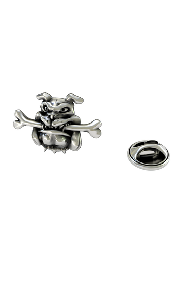 Back of the Silver Bulldog with Bone Lapel Pin showing the pin post and the separate butterfly clutch backing.