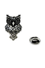 Back of the Silver Celtic Owl Lapel Pin showing the pin post and the separate butterfly clutch backing.