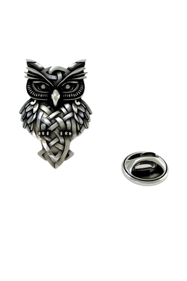 Back of the Silver Celtic Owl Lapel Pin showing the pin post and the separate butterfly clutch backing.