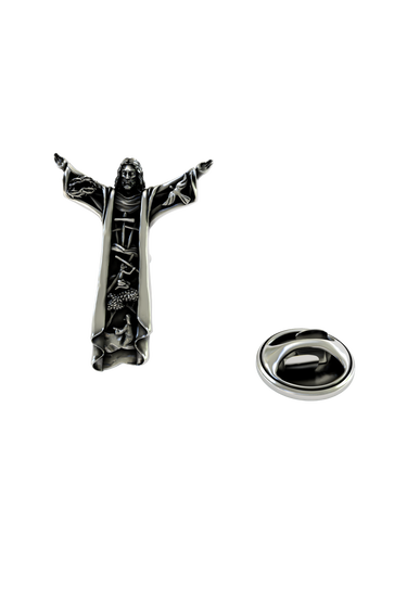 Back of the Silver Christ the Redeemer Lapel Pin showing the pin post and the separate butterfly clutch backing.


