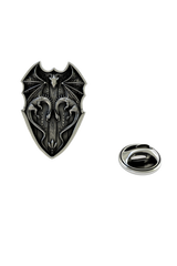 Back of the Silver Dragon Shield Lapel Pin showing the pin post and the separate butterfly clutch backing.


