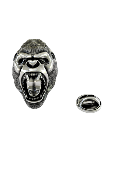 Back of the Silver Gorilla Lapel Pin showing the pin post and the separate butterfly clutch backing.