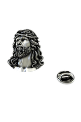 Back of the Silver Jesus Head Pin showing the pin post and the separate butterfly clutch backing.