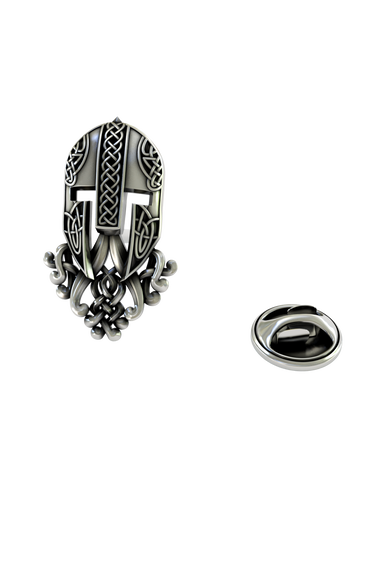Back of the Silver Warrior Helmet Lapel Pin showing the pin post and the separate butterfly clutch backing.

