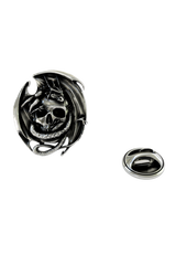 Back of the Skull and Dragon Lapel Pin showing the pin post and the separate butterfly clutch backing.