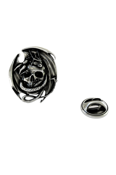 Back of the Skull and Dragon Lapel Pin showing the pin post and the separate butterfly clutch backing.