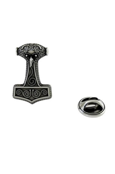 Back of the Thor's Hammer Lapel Pin showing the pin post and the separate butterfly clutch backing.