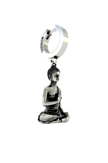 Back view of the Buddha Meditation Earring displaying the polished hoop with the 925 hallmark and SARNION brand stamp