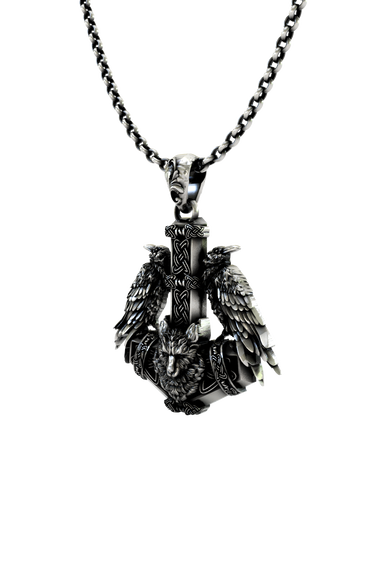 Back view of the Huginn and Muninn Pendant, showcasing the solid silver construction and intricate Norse knotwork.