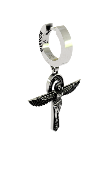 Back view of the Isis Goddess Earring displaying the polished hoop with the 925 hallmark and SARNION brand stamp