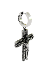 Back view of the Jesus Cross Earring displaying the polished hoop with the 925 hallmark and SARNION brand stamp