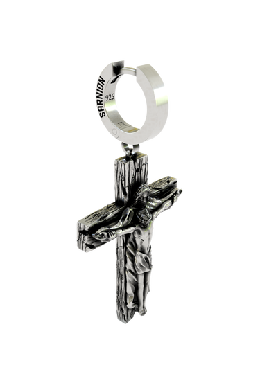 Back view of the Jesus Cross Earring displaying the polished hoop with the 925 hallmark and SARNION brand stamp