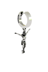 Back view of the Jesus Cross Earring's huggie hoop, displaying the "925" hallmark and secure hinged closure.
