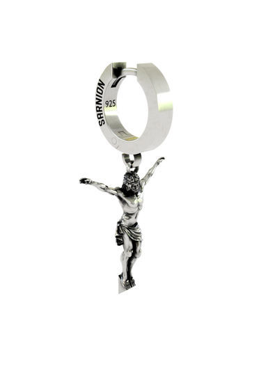 Back view of the Jesus Cross Earring's huggie hoop, displaying the "925" hallmark and secure hinged closure.