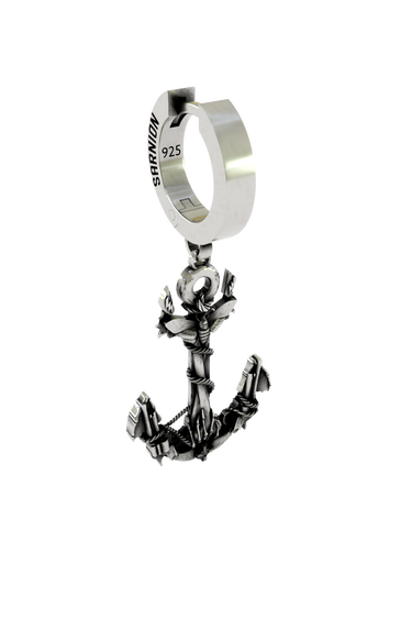 Back view of the Nautical Anchor Earring's huggie hoop, displaying the "925" hallmark and secure hinged closure.