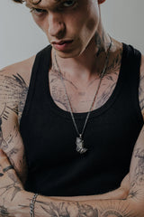 Back view of the Oni Mask Pendant showing the intricate scale pattern and the SARNION 925 hallmark.