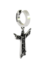 Back view of the Risen Christ Earring displaying the polished hoop with the 925 hallmark and SARNION brand stamp