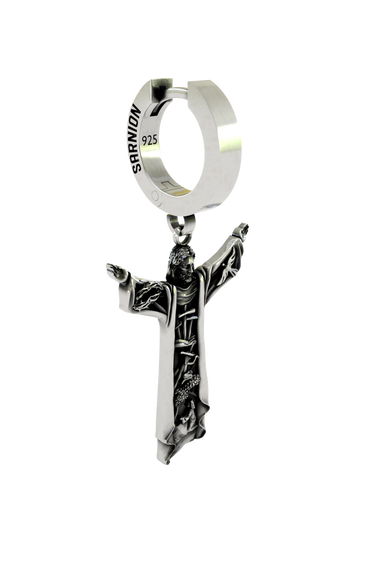 Back view of the Risen Christ Earring displaying the polished hoop with the 925 hallmark and SARNION brand stamp