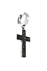 Back view of the Rose Cross Earring's huggie hoop, displaying the "925" hallmark and secure hinged closure.