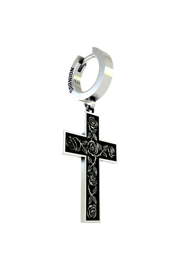 Back view of the Rose Cross Earring's huggie hoop, displaying the "925" hallmark and secure hinged closure.