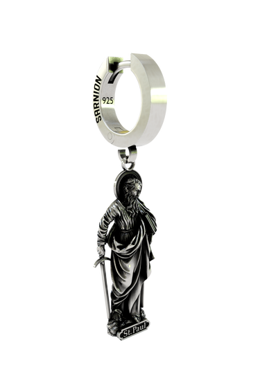 Back view of the Saint Paul Earring displaying the polished hoop with the 925 hallmark and SARNION brand stamp