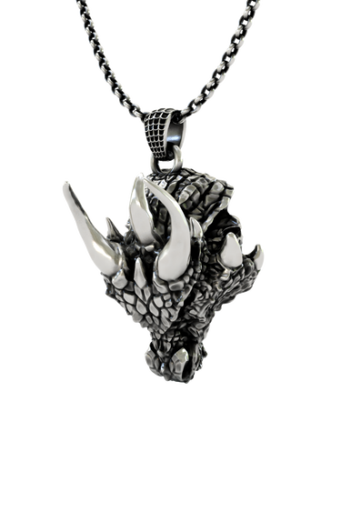 Back view of the Sarnion Head Pendant, showing the solid silver construction and the reverse side of the horns.