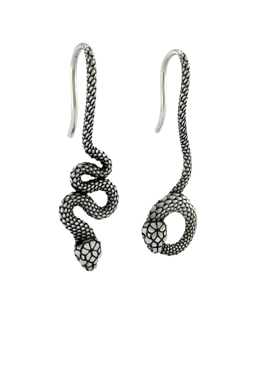 Back view of the Serpent Drop Earrings, showing the seamless transition from the fishhook wire to the snake's textured body.