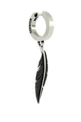 Back view of the Silver Feather Earring's huggie hoop, displaying the "925" hallmark and secure hinged closure.