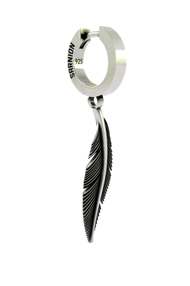 Back view of the Silver Feather Earring's huggie hoop, displaying the "925" hallmark and secure hinged closure.