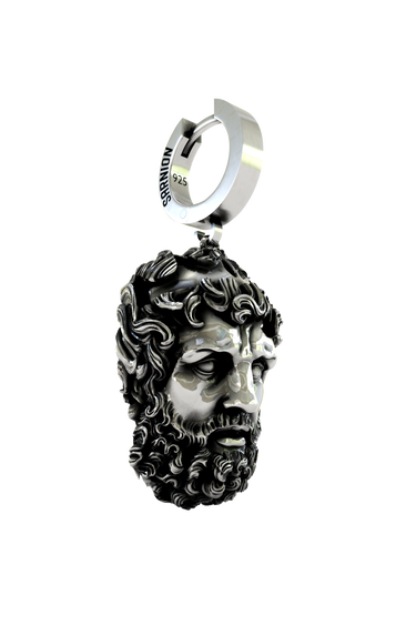 Back view of the Zeus Head Earring's huggie hoop, displaying the "925" hallmark and secure hinged closure.