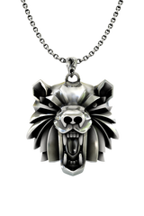 Bear School Pendant inspired by The Witcher - front view of the geometric, roaring bear head design in sterling silver