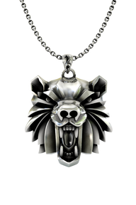 Bear School Pendant inspired by The Witcher - front view of the geometric, roaring bear head design in sterling silver
