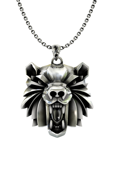Bear School Pendant inspired by The Witcher - front view of the geometric, roaring bear head design in sterling silver