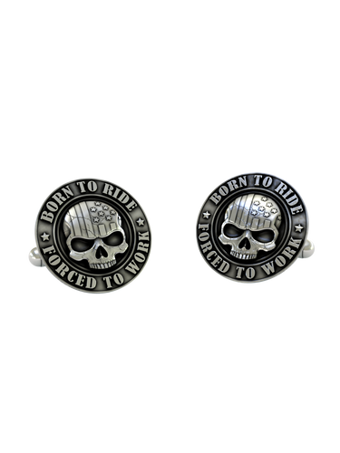 Born to Ride Cufflinks in 925 sterling silver - front view showcasing the American flag skull and biker motto.