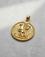 925 sterling silver Saint George pendant featuring knight slaying dragon relief on radial background