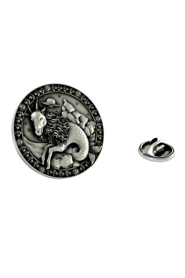 Capricorn Lapel Pin in 925 sterling silver, showing the detailed and artistic zodiac design.