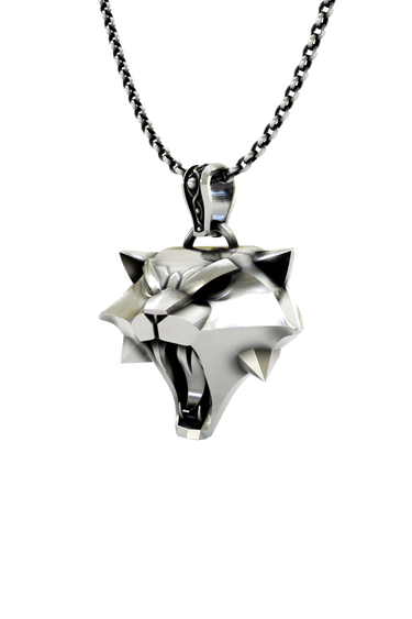 Cat School Pendant shown on a model to demonstrate its size and how it wears as a witcher medallion