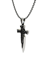 Celtic Dagger Pendant shown on a model to demonstrate its size and proportions as a necklace.
