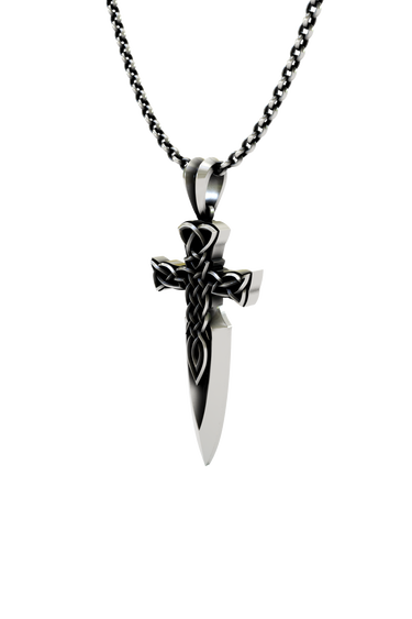 Celtic Dagger Pendant shown on a model to demonstrate its size and proportions as a necklace.
