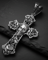 Chicano Rose Cross Pendant 925 sterling silver - angled view showcasing detailed rose terminals and Jesus corpus with oxidized finish