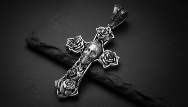 Chicano Rose Cross Pendant 925 sterling silver - angled view showcasing detailed rose terminals and Jesus corpus with oxidized finish