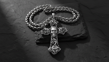 Chicano Rose Cross Pendant oxidized sterling silver in artistic lighting displaying street culture religious aesthetic