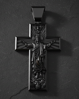 Close-up detail of Jesus ascending figure on Ascension Cross Pendant sterling silver pendant highlighting intricate sculptural work