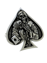 Close-up detail of a single Death Ace sterling silver cufflink, focusing on the grim reaper's skull and the iconic playing cards.